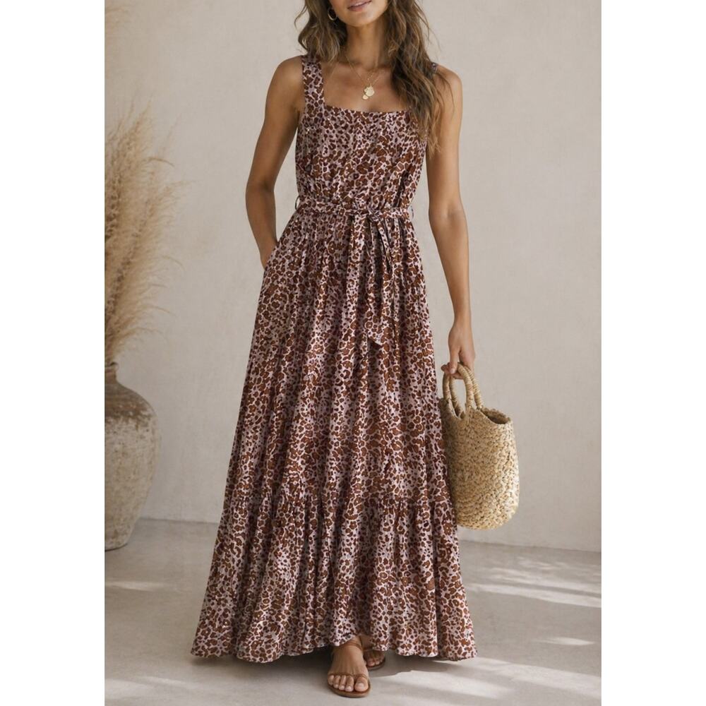Natalie Martin Jasmine Square Neck Sleeveless Belted Maxi Dress Small